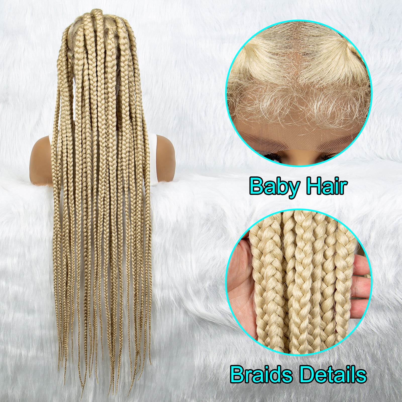Blonde 613 Color Braided Wigs for Black Women Transparent HD Full Lace Square Knotless Box Braided Wigs Twist Cornrow Braids Synthetic Lace Front Wigs with Baby Hair Handmade Faux Locs Wig 36 inches