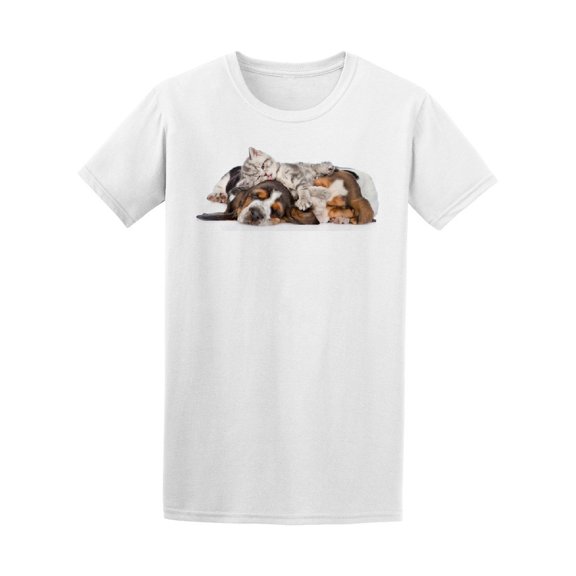 Kitten Lying On Basset Hound Dog Tee Men's -Image by Shutterstock