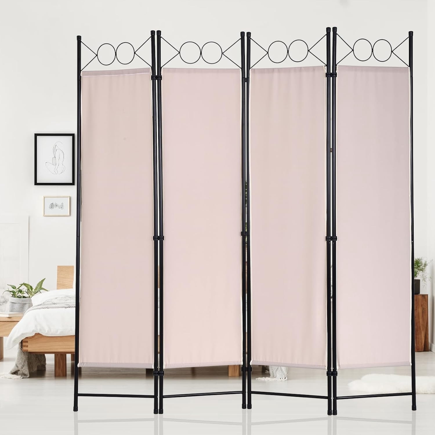 CL.HPAHKL 4 Panels Room Divider and Folding Privacy Screen, 6 ft Tall Steel Frame Wall Divider, Freestanding Space Separate Furniture Partition Room Dividers for Home Office Restaurant Bedroom, Tan