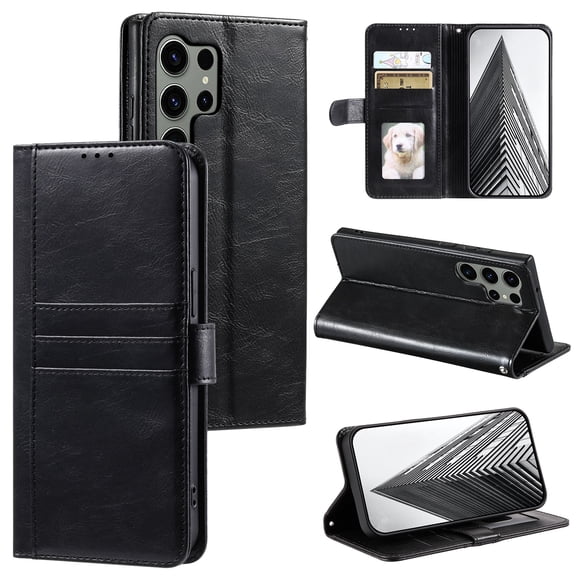 SaniMore for Samsung Galaxy S22 Ultra PU Leather Case, Wallet Design with Card Slots Cash Pocket [Wrist Strap] Flip kickstand Full Body Protection Magnetic Closure Business TPU Shell, Black