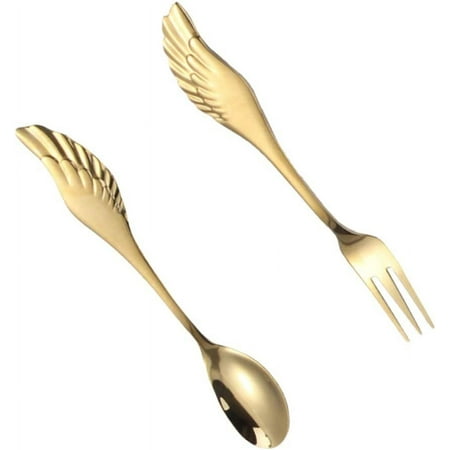 

Stainless steel fork and spoon set creative wings iced tea spoon coffee dessert spoon cake fork appetizer fork cutlery tools (gold) (2pcs)