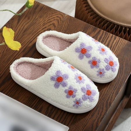 GUGUbb Ms. slippers Cotton slippers warm winter couple cartoon padded velvet cotton plus size flower shoes White