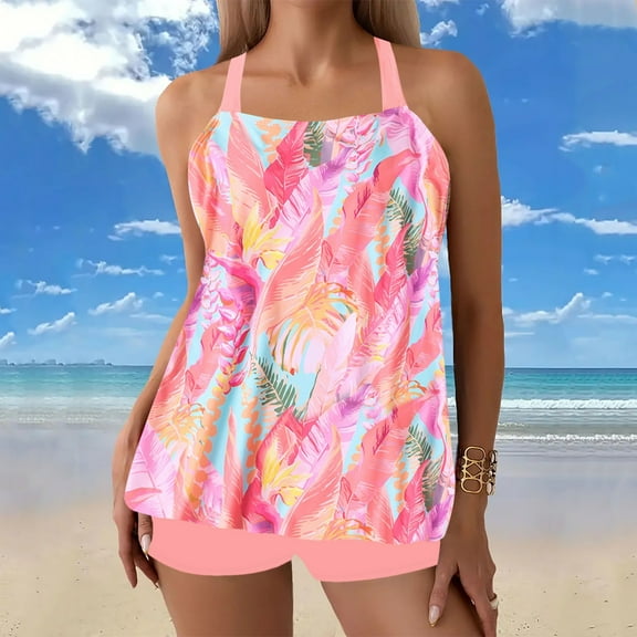 Women Large Print Backsplit Conservative Swimsuit Boxers Split Swimsuit Suit