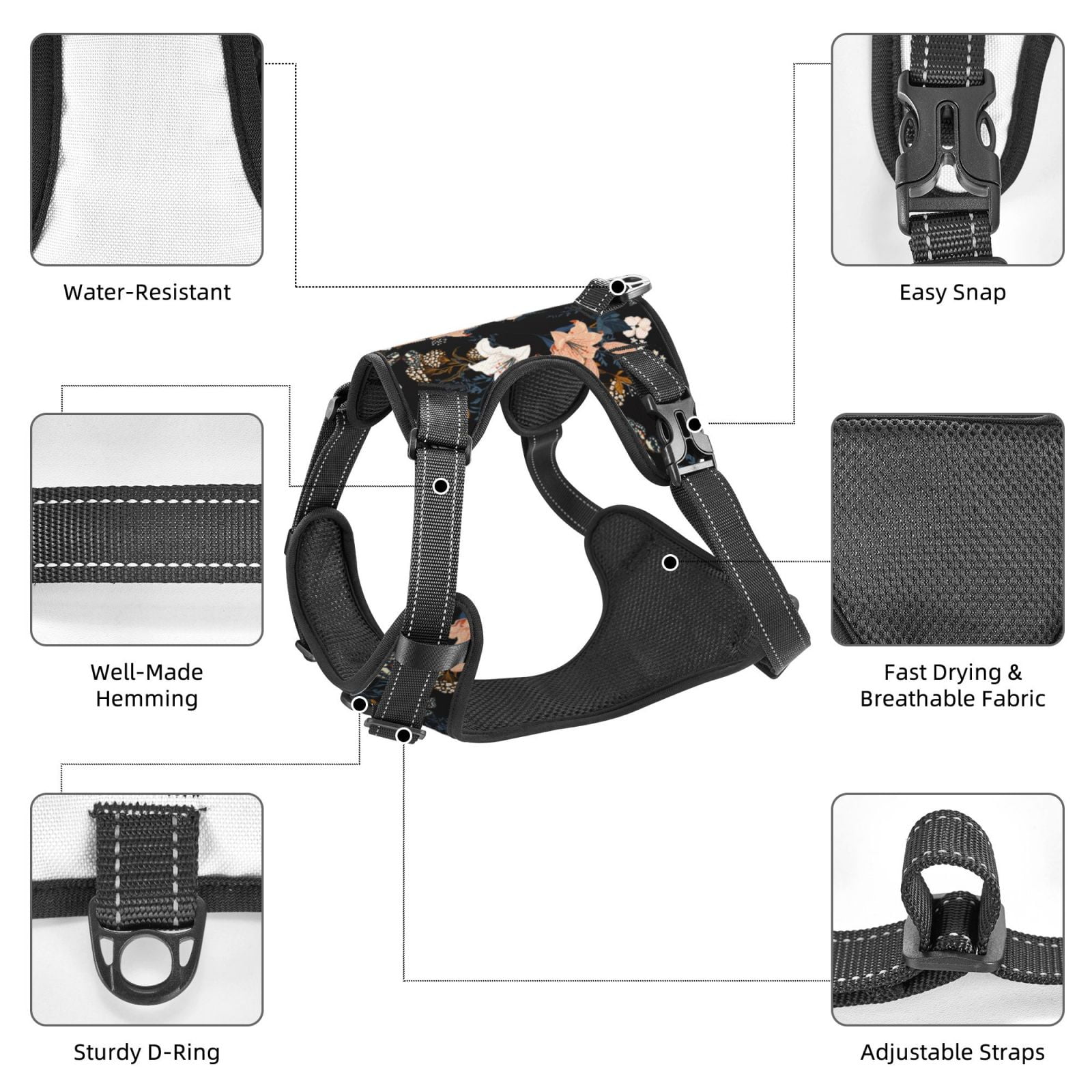 Kdxio Lilies Flowers Print No Pull Dog Harness Adjustable Reflective Oxford Easy Control Medium Large Dog Harness for Training and Everyday-Medium