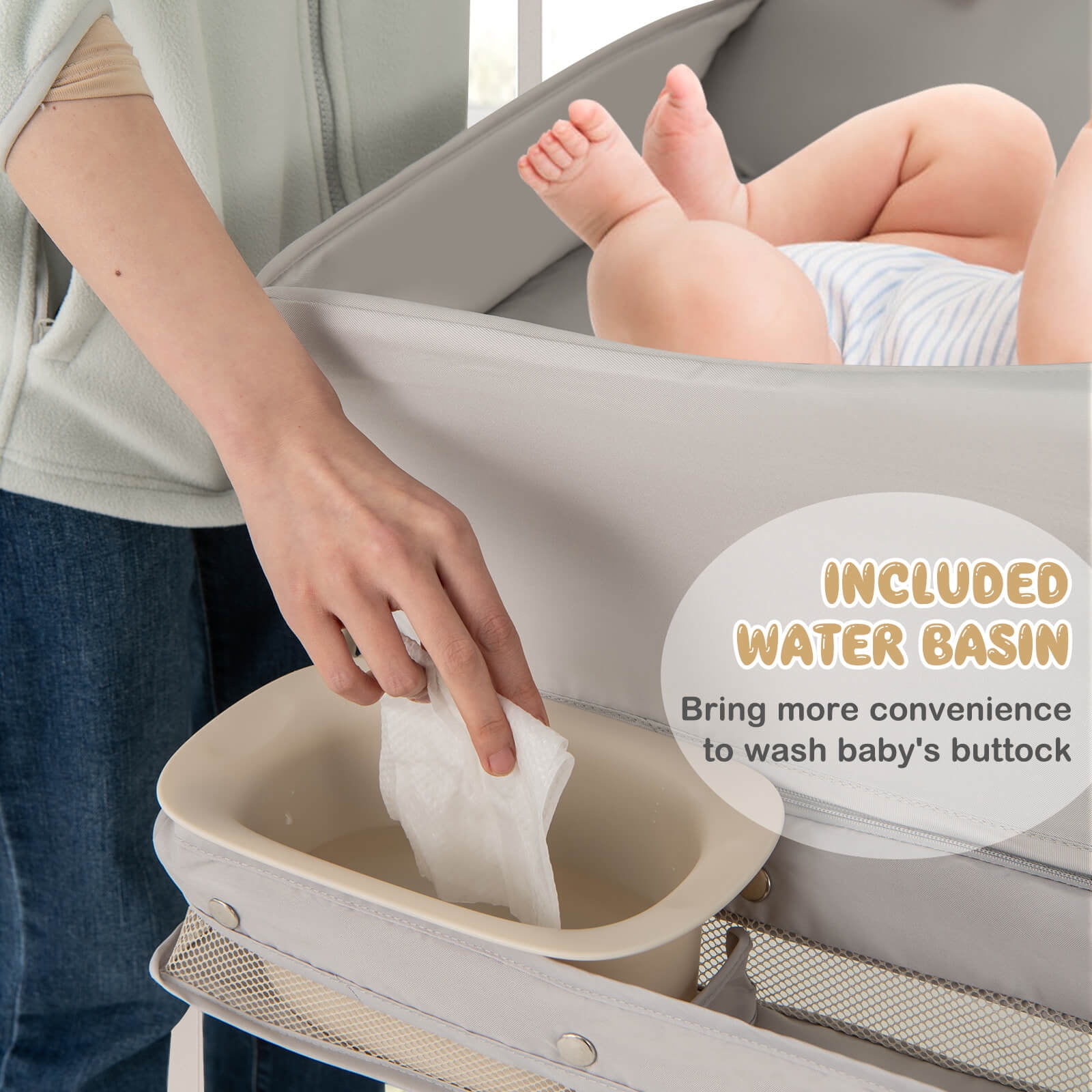Costway Portable Baby Diaper Changing Table with Storage Water Basin 3-Level Adjustable Height Gray