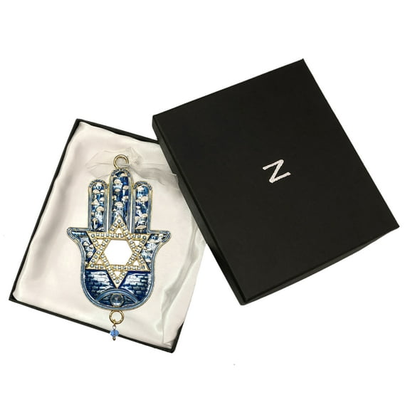 4.8 Inch Blue Ornament - Hamsa and Star of David Designed with crystals