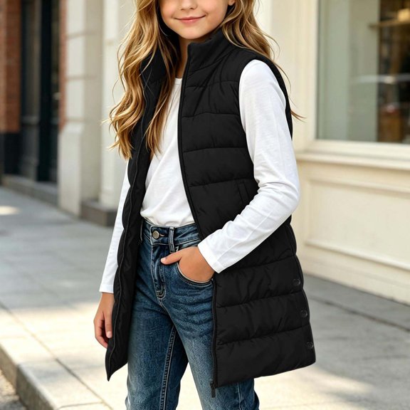 Mifsaly Girls Long Puffer Vests Kids Tween Zip Up Stand Collar Quilted Vest Fall Winter Casual Going Out Play Back to School Padded Coat with Pocekts