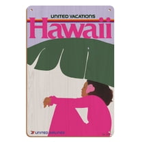 Hawaii - Lady in Pink - United Air Lines - Vintage Airline Travel Poster by Pegge Hopper - 8 x 12 inch Vintage Wood Art Sign