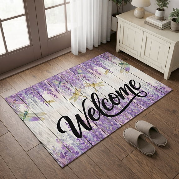 Entryway Rug 2'x3', Purple Flowers Kitchen Runner Rugs Non-Slip Carpet Mats, Spring Floral Dragonflies Wood Grain Bedside Rugs Runners Washable Floor Carpet for Bathroom Laundry Room
