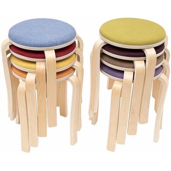 Wood Stools Set of 8, Padded Round Top Kid Stools, Modern Style, Yellow, Brownish, Curry, Green, Purple, Red, Blue, Orange, 16.34" x 16.34" x 18.9"$$Home Decor, Kitchen, & Other
