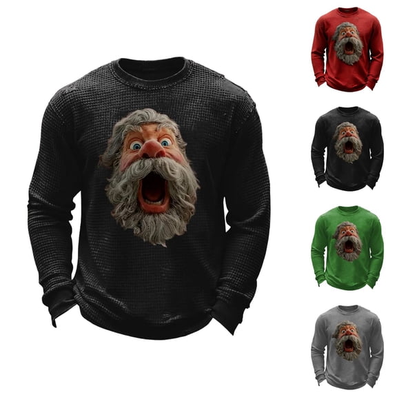 Christmas Shirts for Men Long Sleeve Casual Crewneck Funny Santa Claus Graphic Waffle Shirt Xmas Holiday Shirt