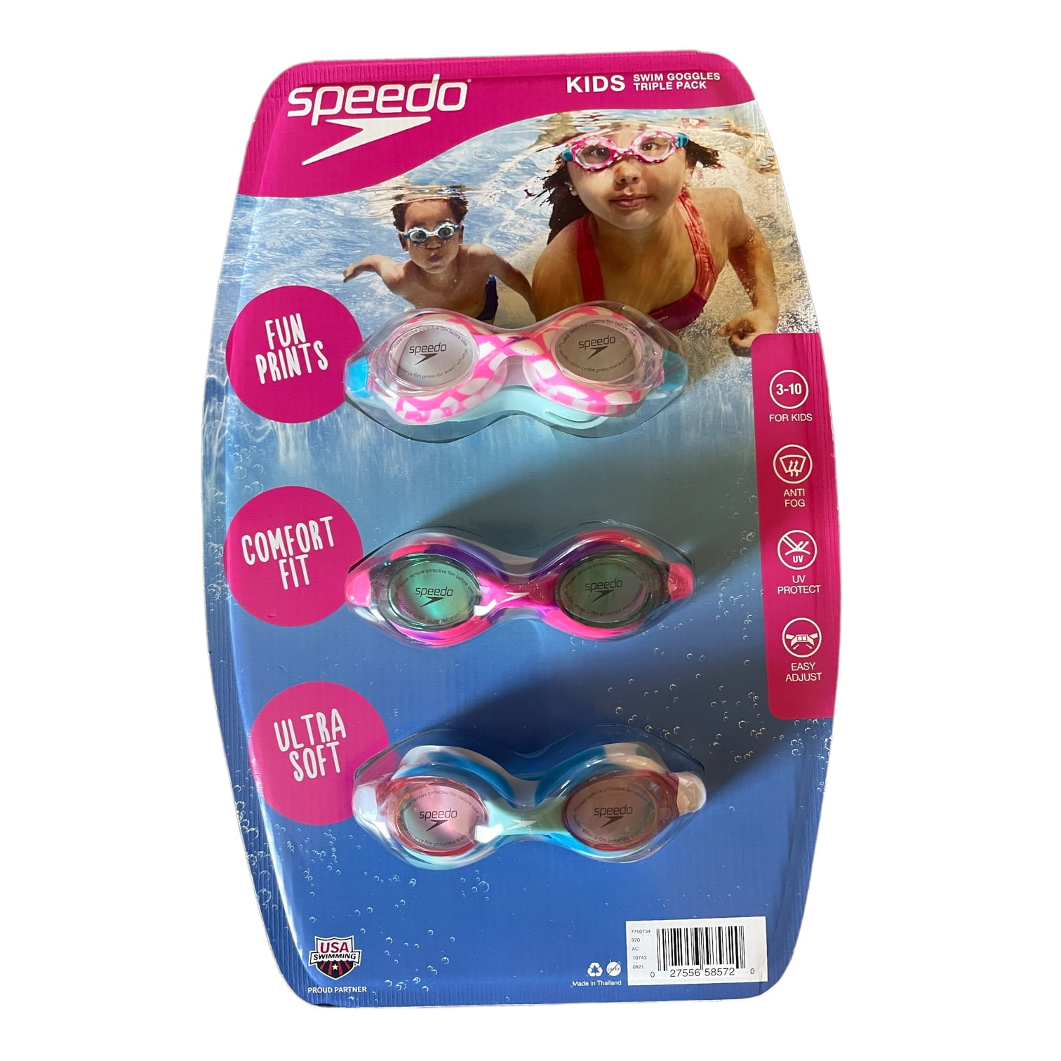 Speedo Kids Swim Goggles Triple Goggle Pack, Pink Tie Dye