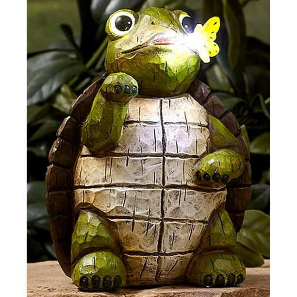 Solar Led Lighted Carved WoodLook Frog Turtle Owl Garden Statue Lawn Sculpture (Turtle