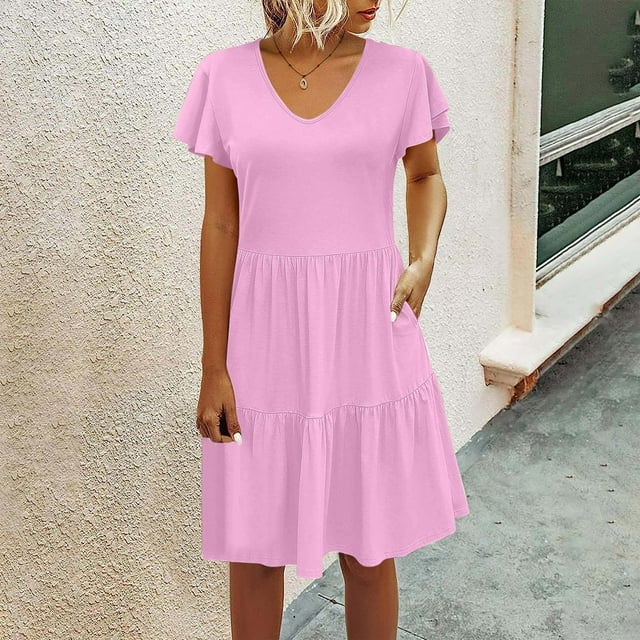Puntoco Vestido De Manga Corta Con Cuello En V, Vestido Largo Informal Con Volantes De Color Sólido Y Bolsillo En V Suelto Para Mujer Rosa Xl