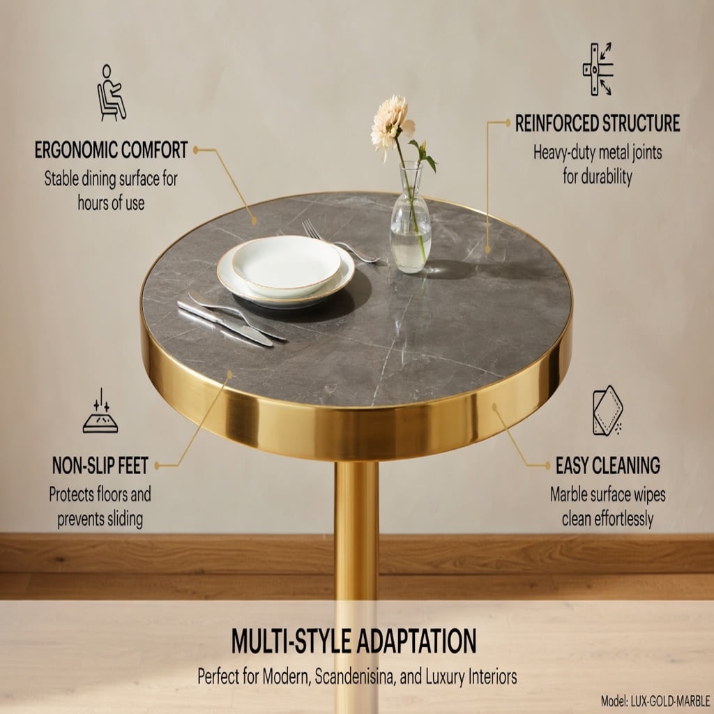 Hommoo Modern Round Bistro Table, 23.6" Faux Gray Marble Top with Gold Stainless Steel Edge Banding & Pedestal Base, High-Gloss UV-Coated MDF Accent Table, Dark Gray & Gold