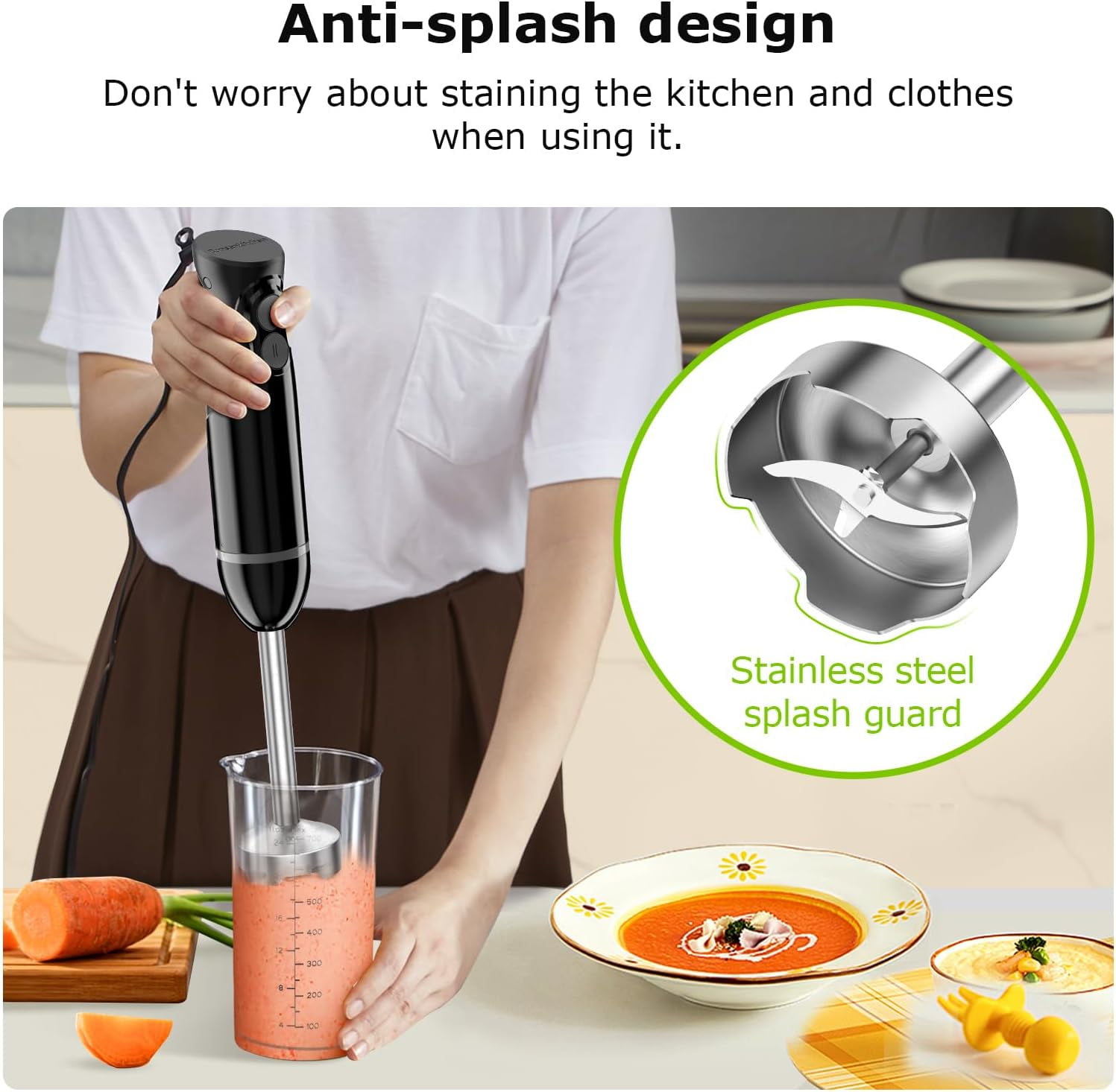 Hand Blender, Immersion Blender with 2 Mixing Speed, Electric Handheld Mixer Portable Stick Stainless Steel Blades for Soup, Smoothie, Puree, Baby Food
