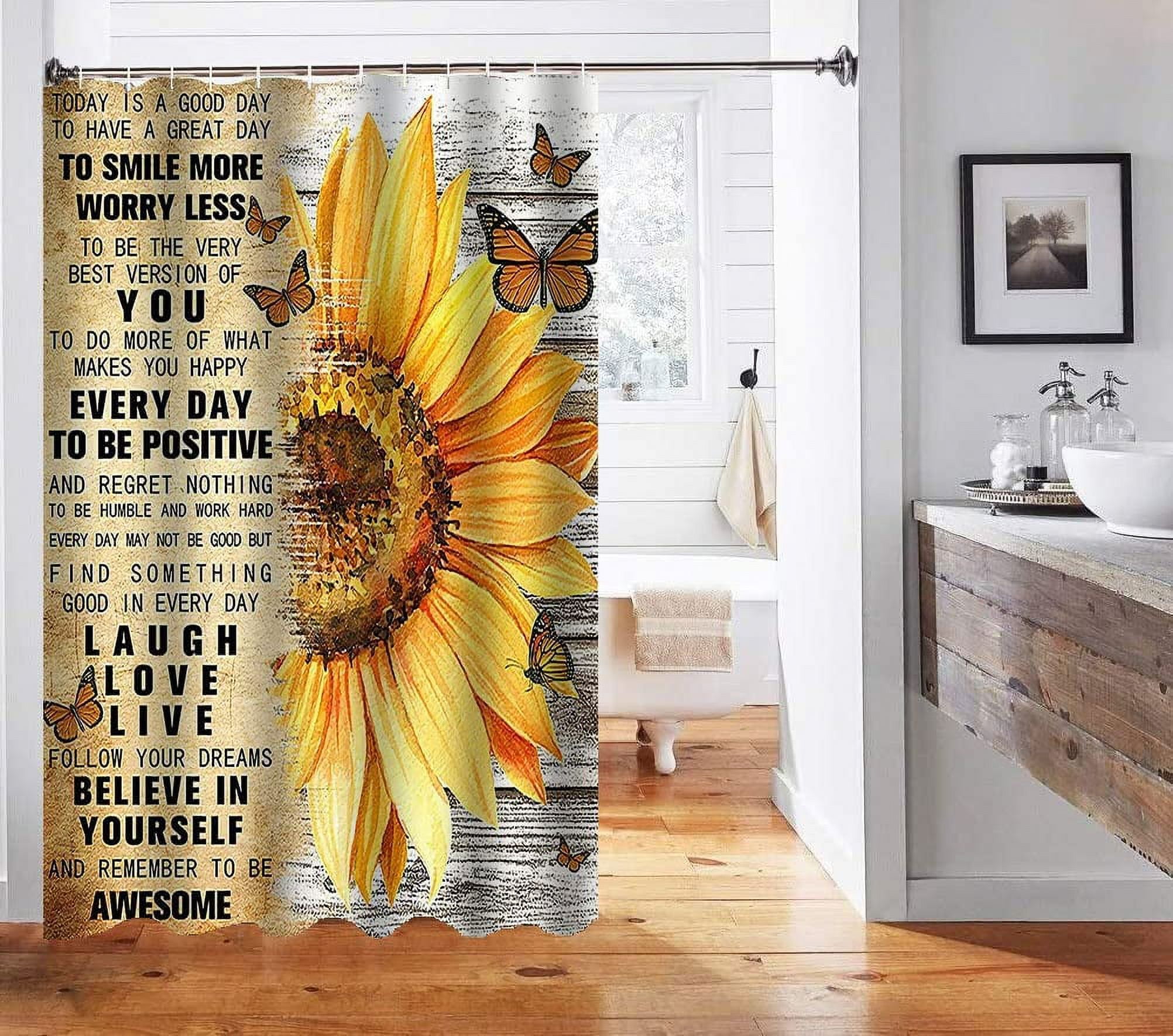 SPXUBZ Sunflower Shower Curtain, Positive Inspirational Quotes Yellow Floral Butterfly Country Rustic Farmhouse Bathroom Decor, Waterproof Fabric Shower Curtain Set , 72 X 72 Inch, Live Laugh Love