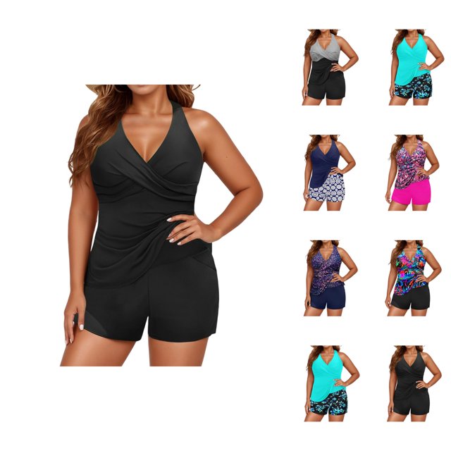 Womens Tankini Swimsuits 2026 Fashion Modest V Neck Crossover Top with Boy Shorts Two Piece Bathing Suits Woman
