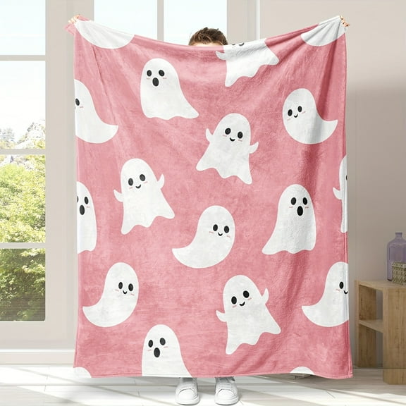Cute Pink Cartoon Ghost Halloween Blanket - Soft & Cozy French-Style Flannel Throw, Machine Washable, All-Season Multipurpose Polyester Bedding