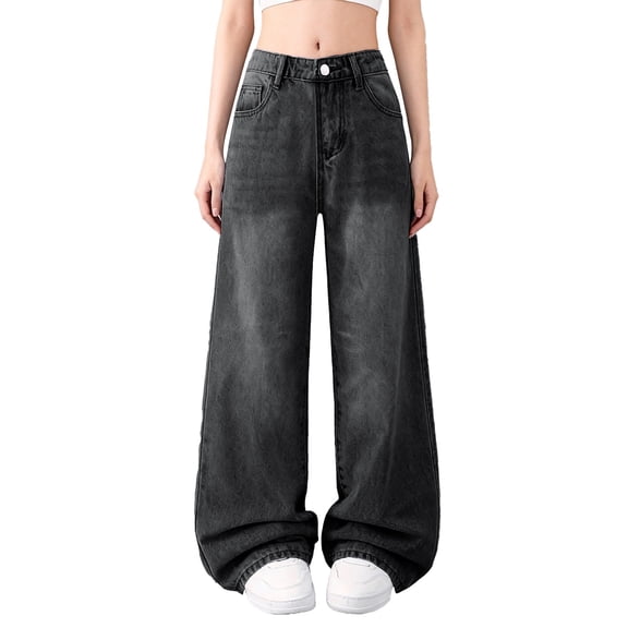 Girls 4-16 Years Loose Fit Wide Leg Denim Pants, Girls 4-14 Years Vintage Y2K Loose Fit Jeans Elastic Waist Loose Fit Denim Pants for Girls 4-14 Years Jeans for Teen Girls, Black 13-14 Years