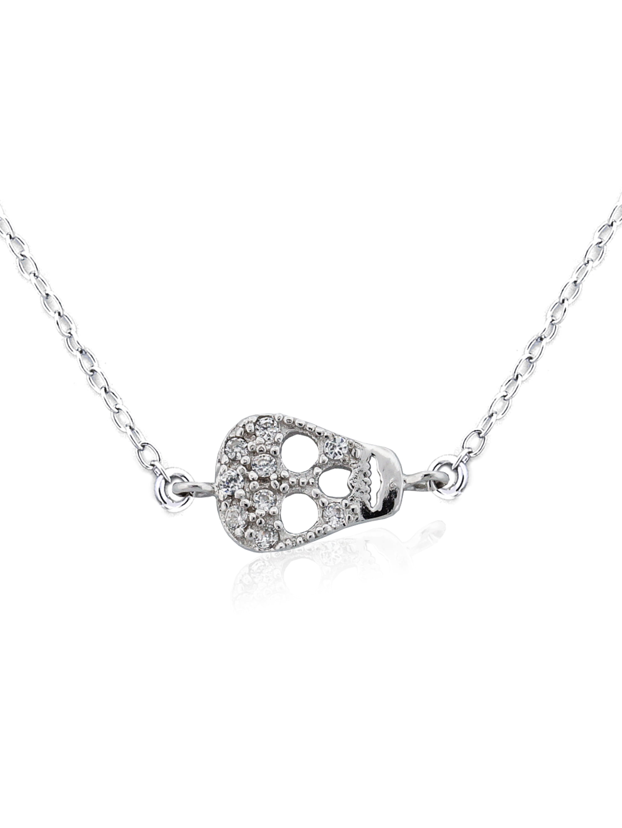 Sterling Silver Cz Skull Charm Necklace 18" 