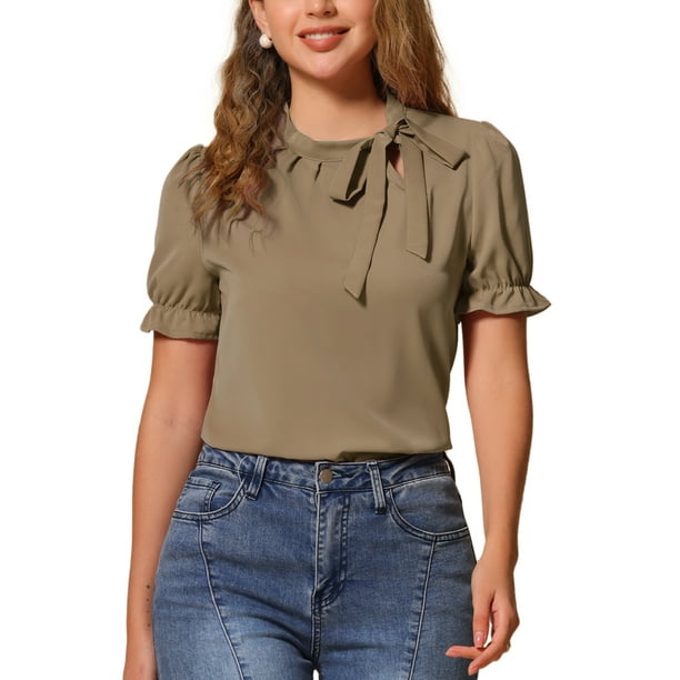 INSPIRAR CHIC Blusas de Verano para Mujeres de Color Sólido con Lazo en el Cuello y Mangas Cortas para Usar en el Trabajo Color Marrón Claro XS