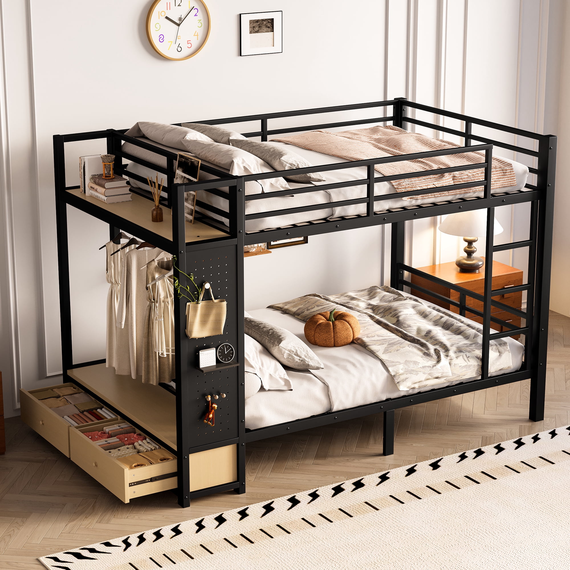 Leumius Full over Full Metal Bunk Bed with Built-in Wardrobe,Heavy Duty Loft Bed Frame with Storage Shelves,Drawers and Pegboard,Space-Saving,Black