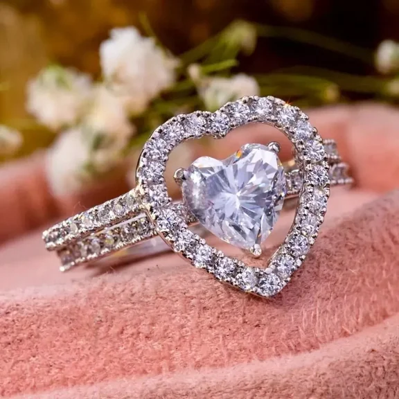 Forever Jewels 2.50Ct Heart Moissanite Womens Wedding Bridal Ring Set 14K White Gold Plated