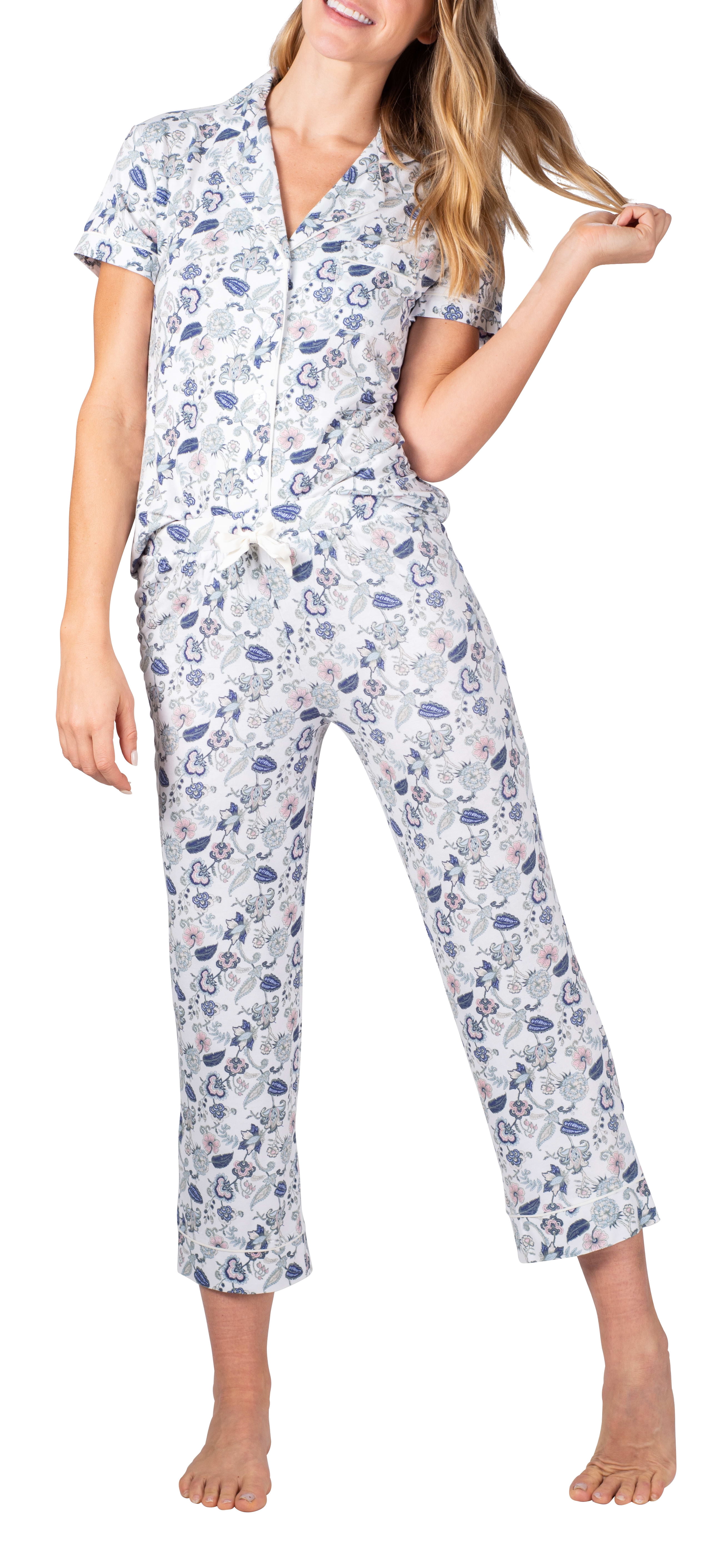 BLIS Pajamas Notch Collar Button Up Top with Matching Capris Polyester ...