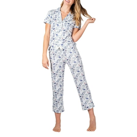 BLIS Pajamas Notch Collar Button Up Top with Matching Capris...