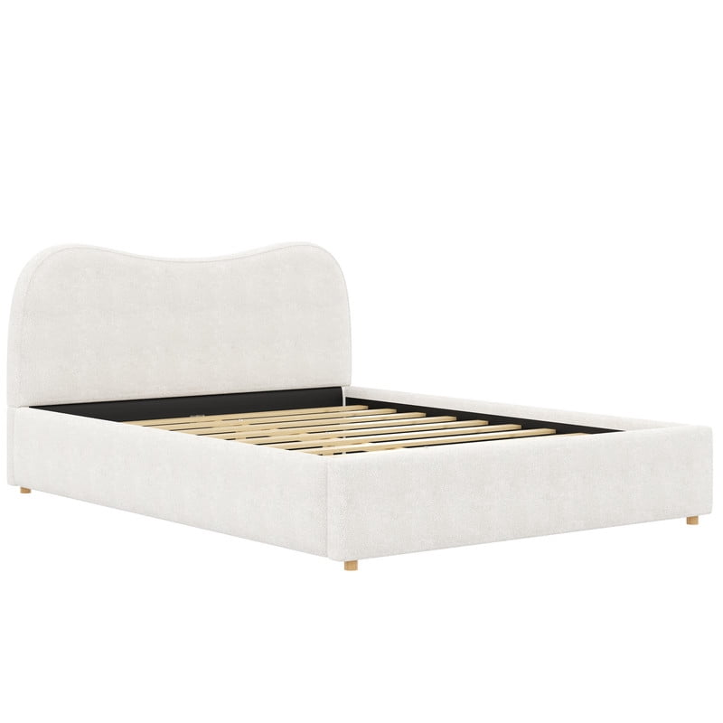 Queen Size Boucle Upholstered Platform Bed with Wooden Slats, Short Legs Low-Profile Bed Frame with Curved Headboard