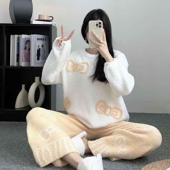 Pijamas suaves y frescos de otoño e invierno para mujer, forro de lana polar coral, pajarita gruesa, linda ropa para el hogar
