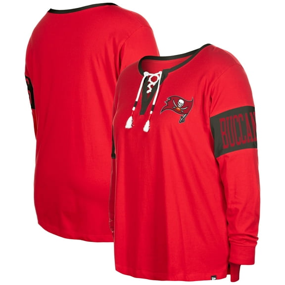 Women's New Era Red Tampa Bay Buccaneers Plus Size Lace-Up Notch Neck Long Sleeve T-Shirt
