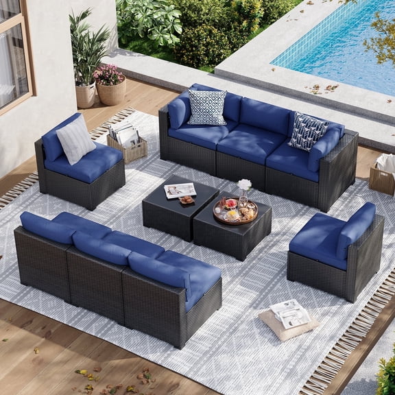 Sunmthink 10 Piece Patio Furniture Set Wicker Rattan Patio Sectional Sofa Set Outdoor Seating Furniture with Thickened Cushion, Navy Blue
