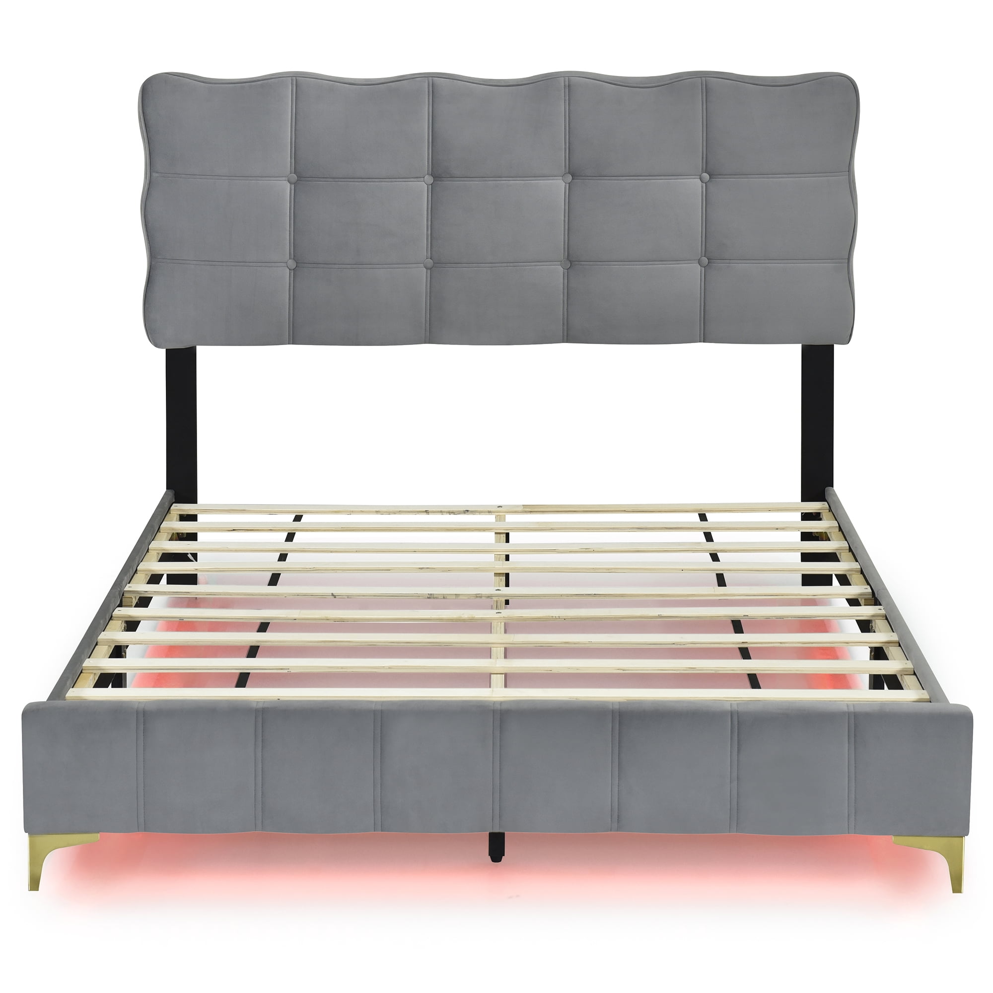 Miniyam Velvet Upholstered Platform Bed, Queen Size LED Bed Frame with Button Tufted Design Headboard and Solid Wood Slat Support, Gray