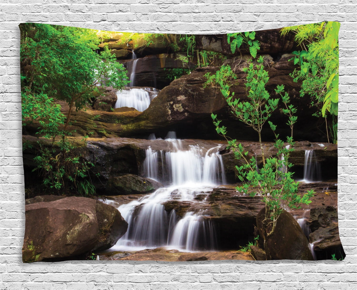 Waterfall Decor Tapestry, Little Waterfalls Flow on Rock Stairs