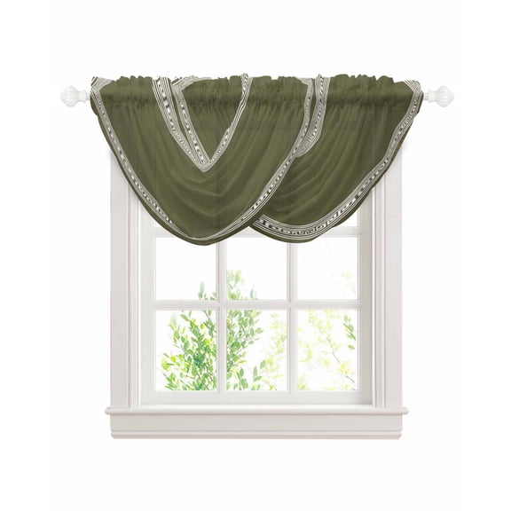 Forest Green Geometric Waterfall Valances for Windows, White Greek Key Design Abstract Modern Art Sheer Valance Curtains, Rod Pocket Elegant Swag Valances for Living Room, 47.2"x38.5", 2 Panel