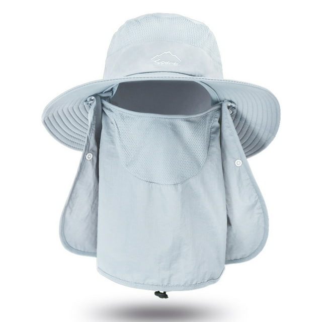 Chapeau d'Extérieur Gris Clair en Taslon avec Protection UV, Rabat Amovible pour le Visage et le Cou, Cordon de Serrage Réglable, Séchage Rapide, Respirant, Grand Bord pour le Camping, la Pêche, le Jardinage, la Randonnée - Casquette de Soleil Multi-Usages