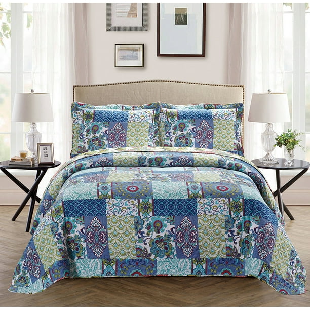 Fancy Collection 3pc Full\/Queen Oversize Reversible Bedspread Bed Cover Floral Blue Teal Green 