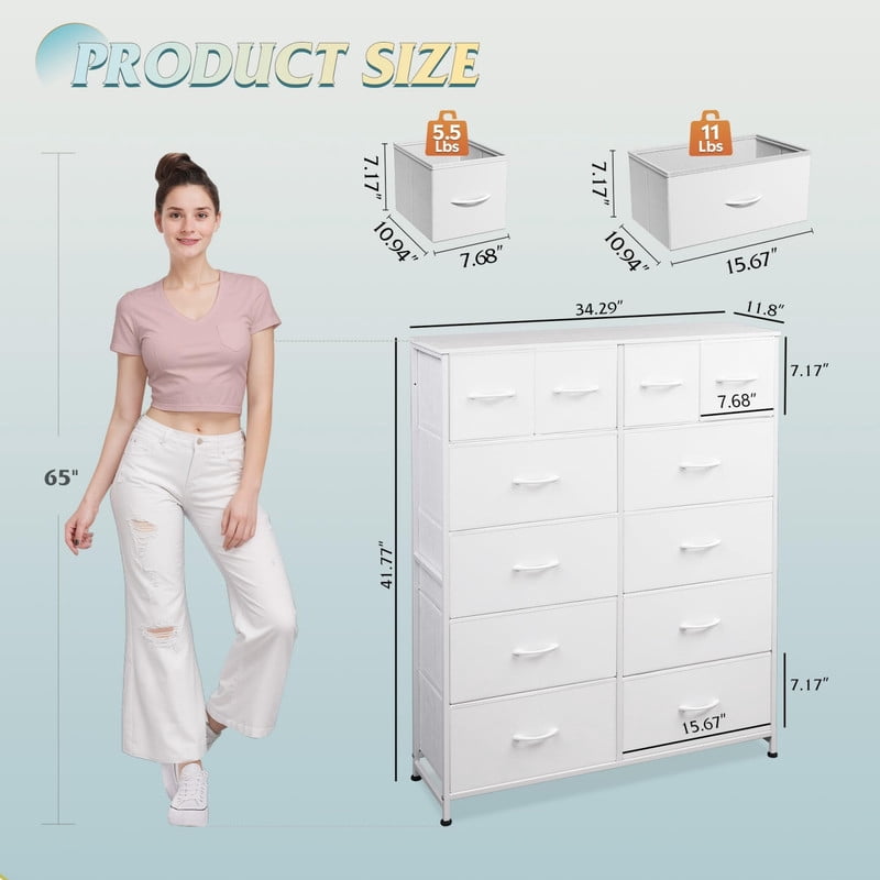 Kelno 12 Drawer Fabric Dresser Storage Tower Sturdy Steel Frame Wood Top Organizer, White