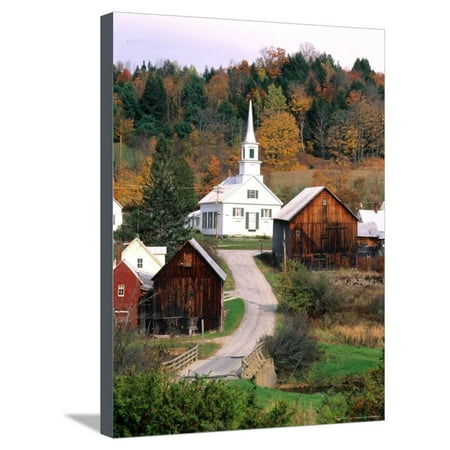 Fall Colors in Small Town with Church and Barns, Waits River, Vermont, USA Stretched Canvas Print Wall Art By Bill