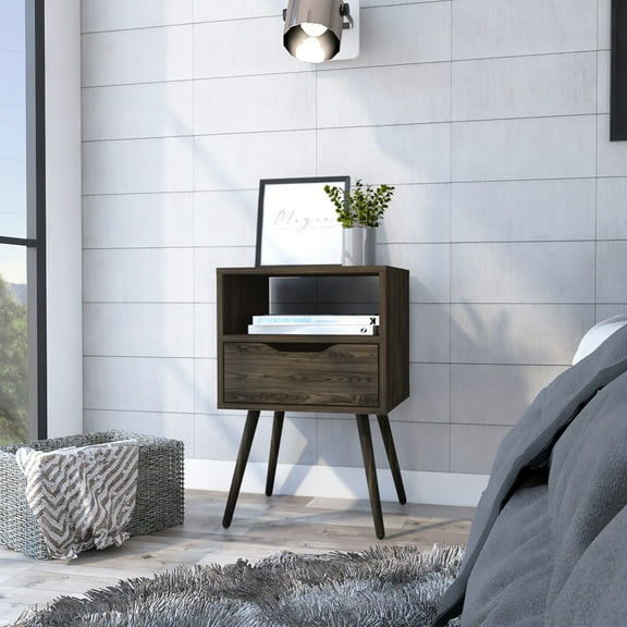 Dark Walnut Nightstand. One Drawer And Shelf Arrangement For Optimal Storage. 24.8 Inches High. Particleboard. Practical Stylish Design Nightstand In Walnut, 13.7 Deep, & Open Shelf, Bedroom Living
