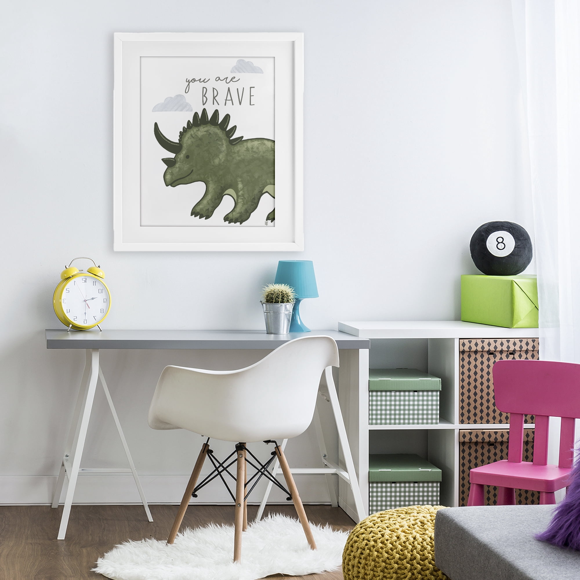 Stupell Industries You Are Brave Dinosaur White Framed Print Under Glass, design by Elizabeth Tyndall