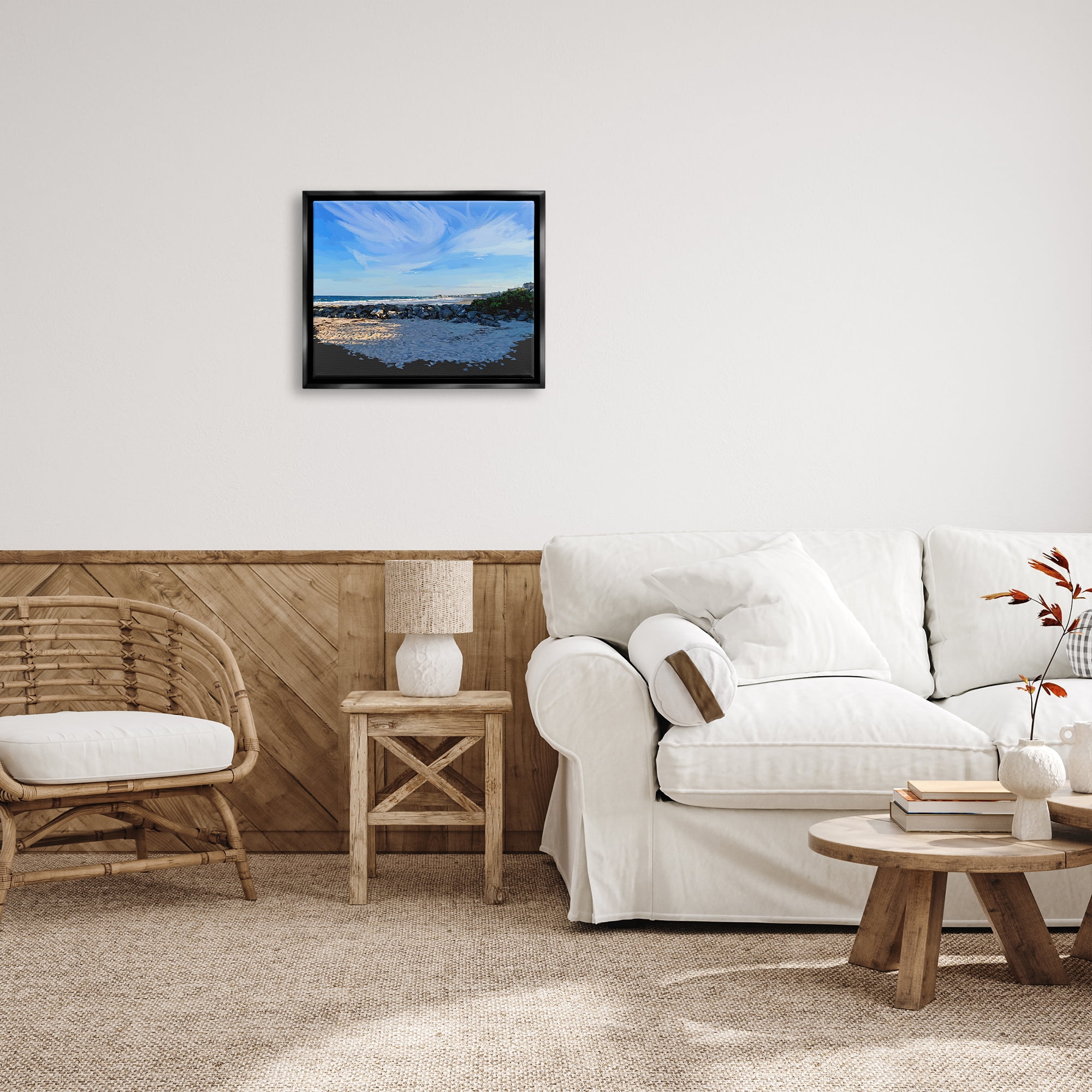 Stupell Rocky Beach Coast Horizon Sky Landscape Painting Black Floater Framed Art Print Wall Art