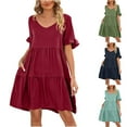 thumbnail image 2 of Tumotour Doll Dress for women Summer Casual Pleated Flowy Swing Short Sleeve V Neck Mini Dress Solid Color Three-Layer Pleated Dress, 2 of 7