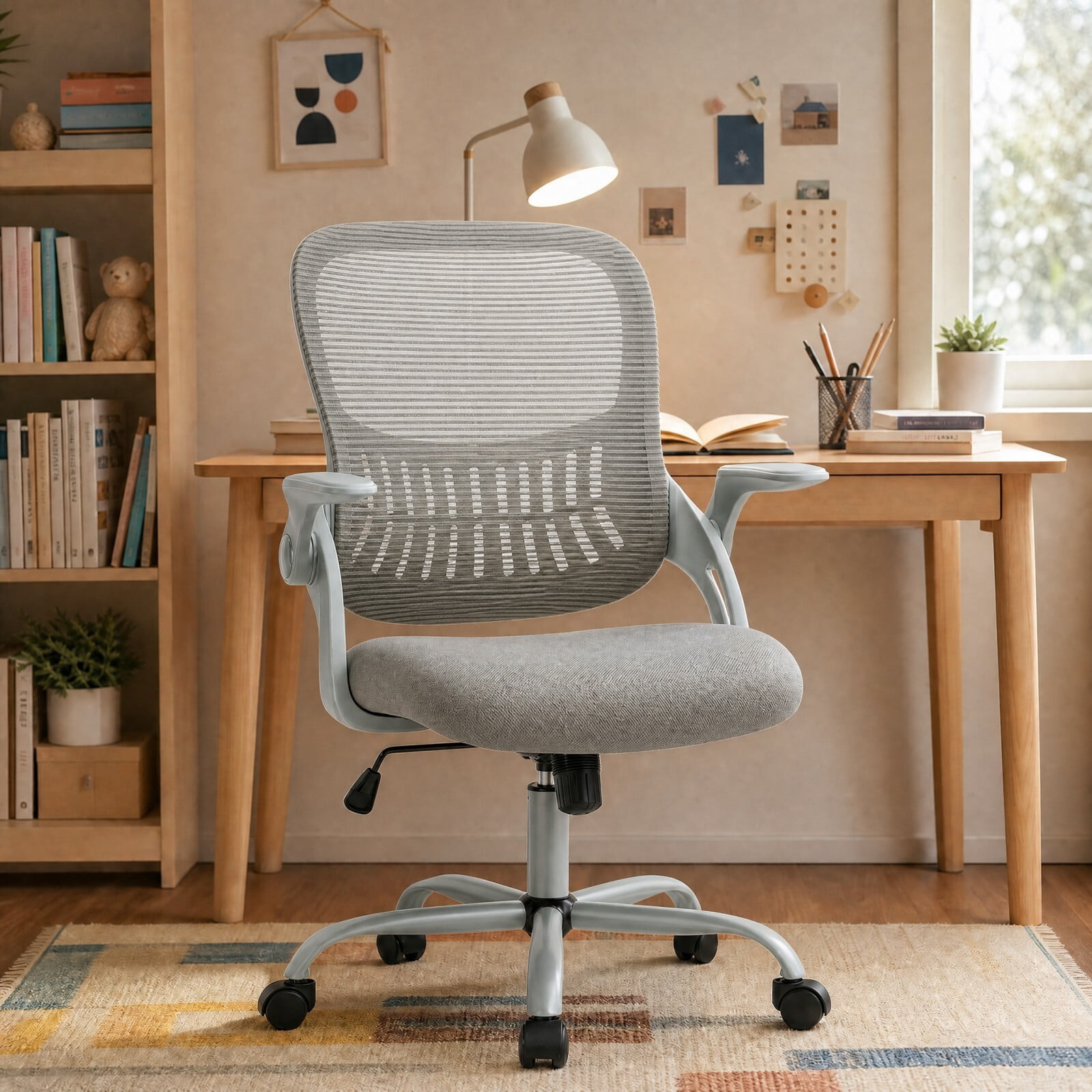Kelno Ergonomic Mesh Office Chair Mid Back Desk Chair with Lumbar Support Flip-up Armrests Adjustable Height Swivel Task Chair, Gray