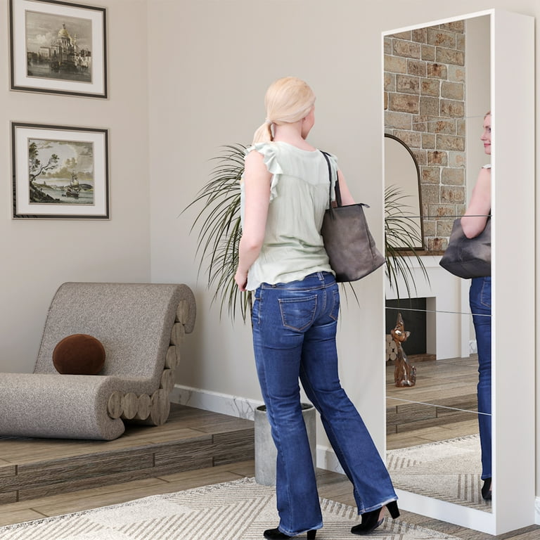 Organizedlife Modern Shoe Storage Cabinet with Mirror Shoe Storage Organizer Versatile Shoe Cabinet with 5 Filp Drawers White