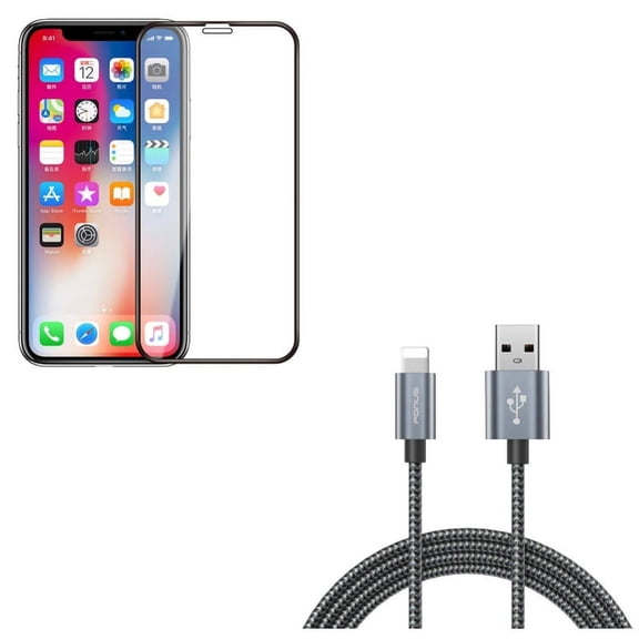 iPhone XS/X - Tempered Glass Screen Protector w Charger Cord 10ft USB Cable - 5D Touch Curved Edge Full Cover Bubble Free Case Friendly 9H Hardness, Power Wire Braided Long Sync Fast Charge