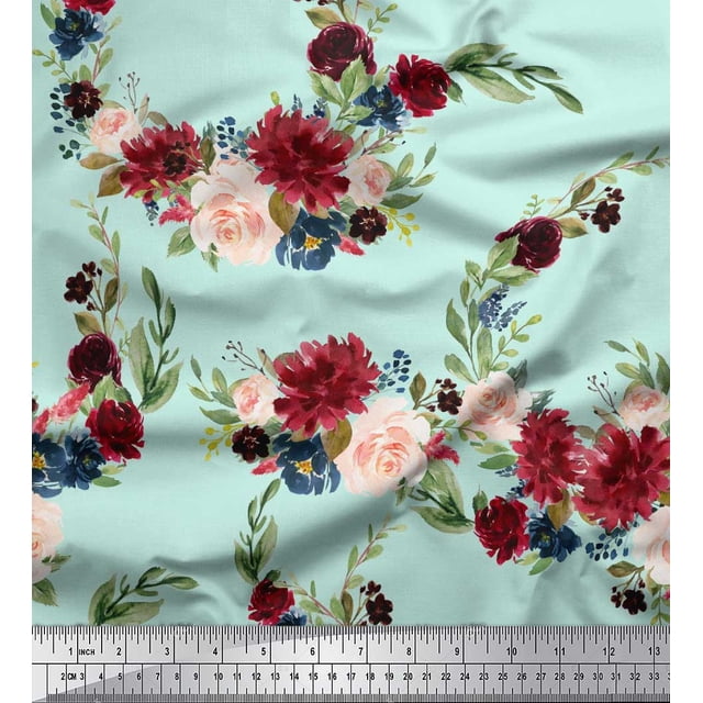 Soimoi Green Poly Georgette Fabric Ranunculus & Penoy Floral Print Decor Fabric Printed By the Yard 42 Inch Wide