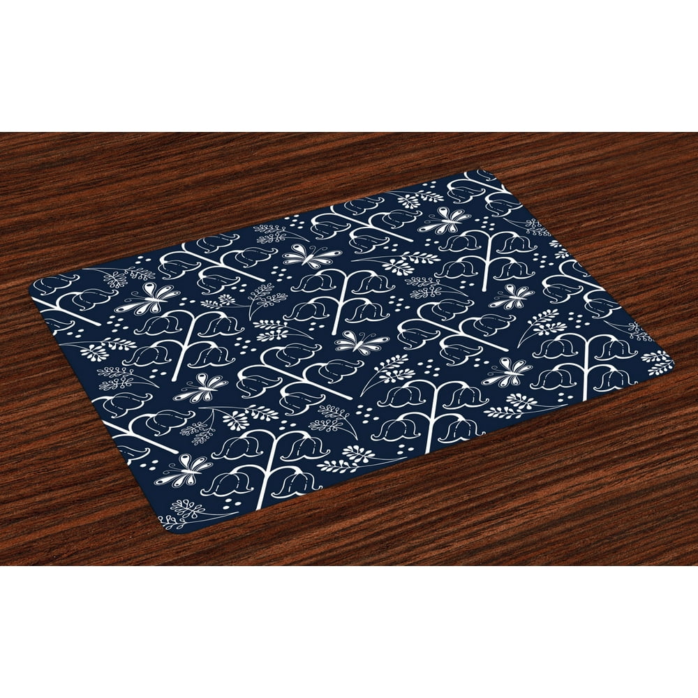 Navy Blue Placemats Set of 4 Tulip Bluebell Flower Pattern with Foliage